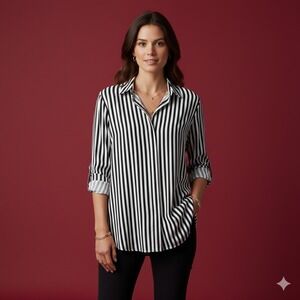 Jane + Delancey B&W Striped Button Up Shirt Roll Tab Sleeves Womens Sz Large